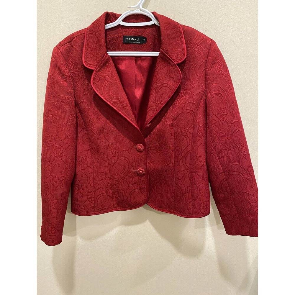 Tribal blazer RED Jacquard Floral Size 14 Long Sleeve Button Up Party